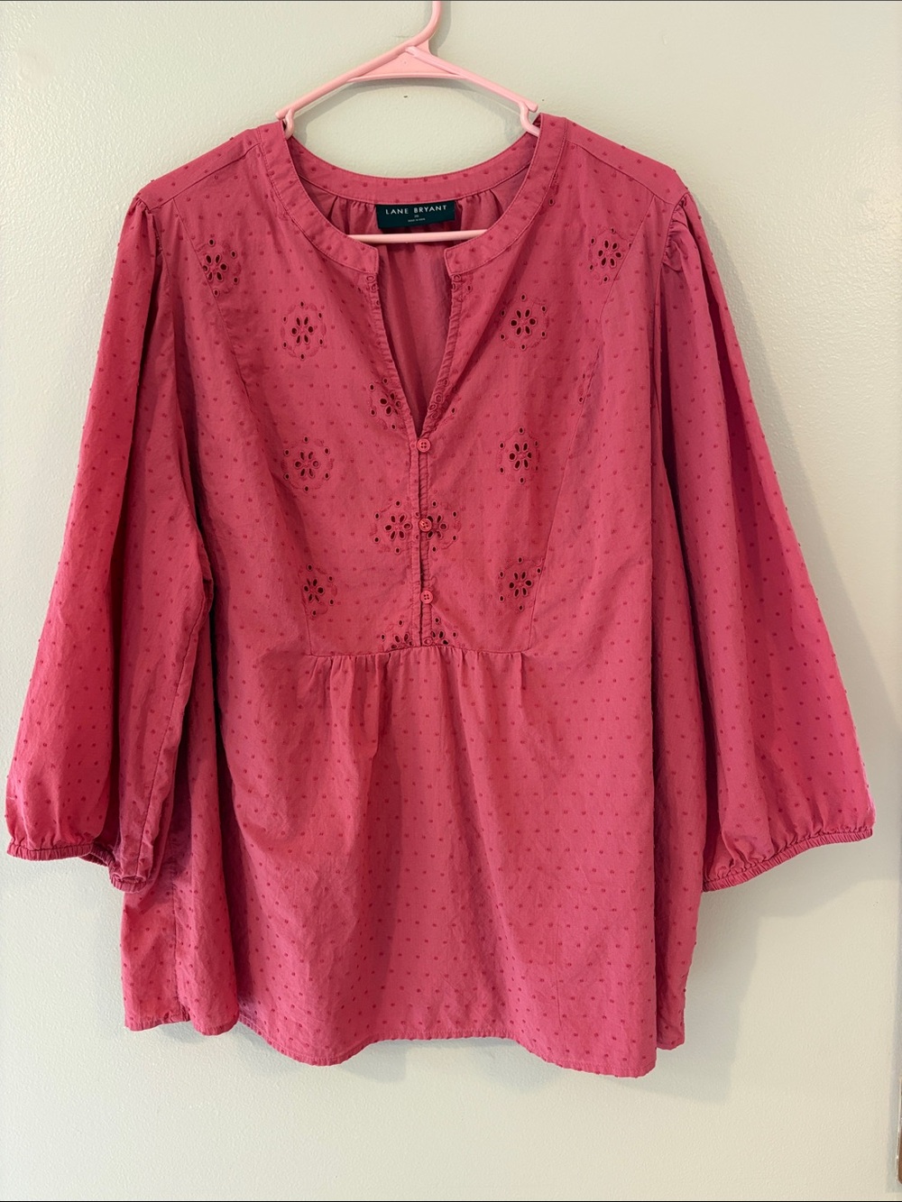 Lane Bryant Size 20 salmon colored Eyelet Cotton Peplum Blouse 3/4 Sleeve